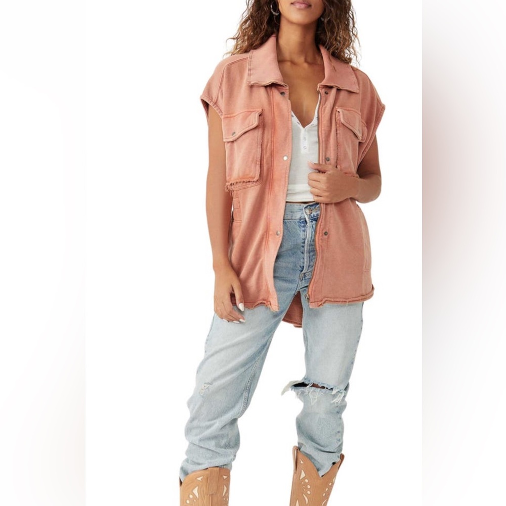 Free People Coza Distressed Cotton Zip-Up Utility Vest